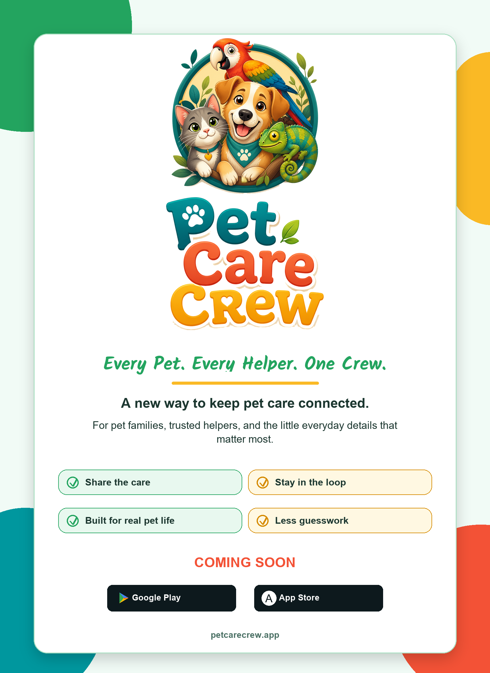 Pet Care Crew coming soon flyer with the tagline Every Pet. Every Helper. One Crew.